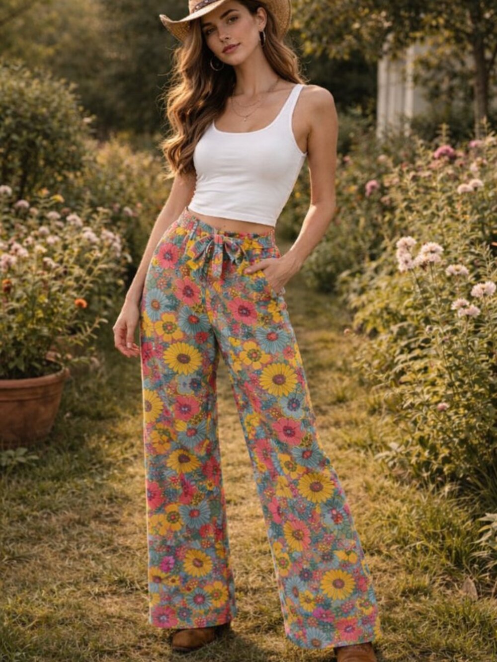 One Clothing Retro Wildflower Tie Paper bag Waist Pants | Boho Size XS